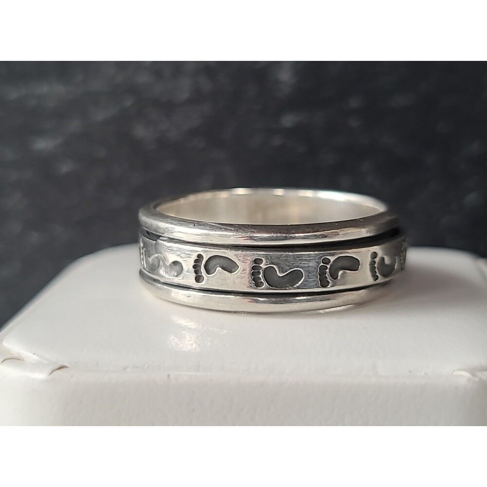 925 Sterling Silver Footprints Spinner Band Ring Size US 12.25 Vintage